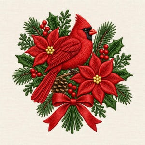 May include: A vibrant red cardinal bird perched amidst a festive arrangement of green pine needles, holly leaves, red berries, brown pinecones, and two bright red poinsettia flowers, all tied together with a decorative red ribbon bow.