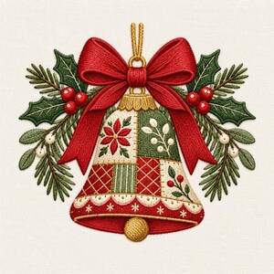 May include: An embroidered Christmas bell ornament featuring a large red bow at the top. The bell has a patchwork design with poinsettias, red and green patterns, and is surrounded by green pine branches, holly leaves, and red berries.