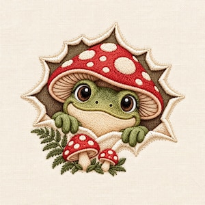 May include: An embroidered patch featuring a green frog peeking out from under a large red mushroom with white spots. The design includes two smaller red mushrooms and green fern leaves, all set against a cream-colored fabric background.