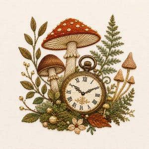 May include: An embroidery design featuring a large orange mushroom with white spots, a smaller brown mushroom, and several tiny tan mushrooms. A brass pocket watch with Roman numerals sits among green fern leaves, moss, and small berries.