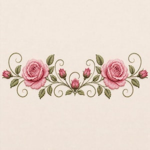 May include: An embroidery design featuring two large pink roses and several smaller rosebuds connected by dark green stems and leaves. The floral arrangement is symmetrical, with swirling vine accents extending outward on a light cream background.