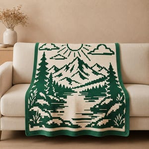Patrón de manta de ganchillo con mosaico superpuesto de lago de montaña, manta afgana de paisaje natural, manta de montaña con pinos, PDF de ganchillo para cabaña rústica
