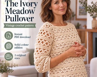 Lovers Knot Sweater Crochet Pattern PDF, Vintage Ivory Meadow Pullover, Solid and Multicolour Options