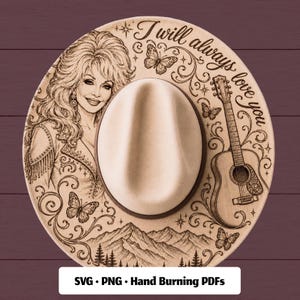 Op de afbeelding: Een lichtgekleurde hoed met een lasergegraveerd ontwerp van een vrouw met volumineus haar, een gitaar, vlinders en een berglandschap. De tekst "I will always love you" staat bovenaan, met "SVG • PNG • Hand Burning PDFs" eronder.