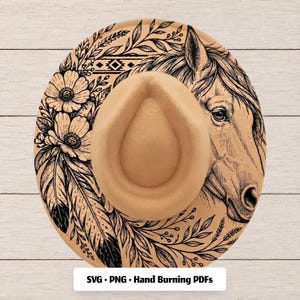 May include: A tan fedora hat featuring a black line art illustration of a horse head, flowers, feathers, and geometric patterns. The text SVG, PNG, Hand Burning PDFs is printed at the bottom. The hat has a teardrop-shaped crown and wide brim.