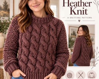 May include: A mauve long-sleeve sweater featuring a prominent vertical cable knit pattern on the front and textured knit sleeves. The text reads The Heather Knit A KNITTING PATTERN, with icons for super bulky yarn, beginner friendly, and sizes XS-5X.