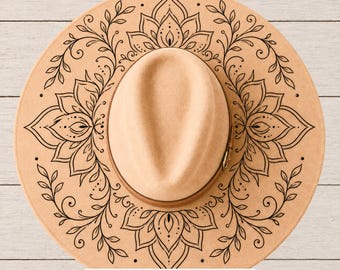 May include: A tan felt hat featuring a black line art mandala design on the brim, with a central crown and a matching tan hat band. The image includes the text SVG • PNG • Hand Burning PDFs at the bottom, indicating digital file formats.