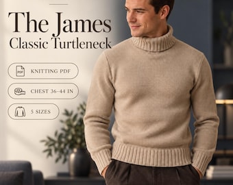 Mens Turtleneck Knitting Pattern PDF, Vintage James Classic Sweater, Chest Sizes 36–44 Inches