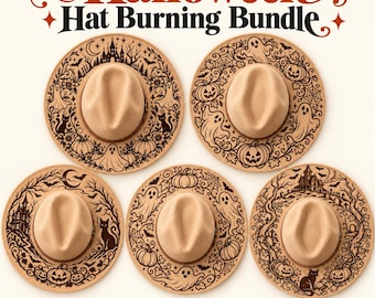 May include: Five tan felt hats featuring dark brown laser-engraved Halloween designs including ghosts, pumpkins, haunted houses, cats, and spiderwebs. The text reads Halloween Hat Burning Bundle, 5 Designs, SVG + PNG + PDF, DIGITAL DOWNLOAD, NO PHYSICAL HATS.