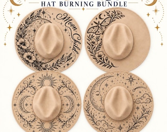 May include: Four tan hats featuring black line art designs including a moon, sun, stars, moth, and floral patterns. The text reads Celestial Hat Burning Bundle, Moon Child, and 4 Designs SVG + PNG + PDF Digital Download No Physical Hats.