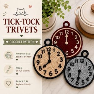 Puede incluir: Tres salvamanteles redondos de ganchillo con forma de reloj en color burdeos, beige y gris claro, cada uno con números y manecillas en negro o blanco. El texto dice TICK-TOCK TRIVETS CROCHET PATTERN, FINISHED SIZE: 15,24 cm, HOOK: 5,0 mm.