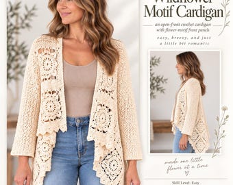 May include: An open-front cream crochet cardigan featuring intricate flower-motif panels. The text reads: The Wildflower Motif Cardigan, an open-front crochet cardigan with flower-motif front panels, easy, breezy, and just a little bit romantic, made one little flower at a time, Skill Level: Easy, Sizes: XS/S - M - L - XL - 2/3XL - 4/5XL, To Fit Chest: 28-34 inches (36-38, 40-42, 44-46, 48-54, 56-62 inches).