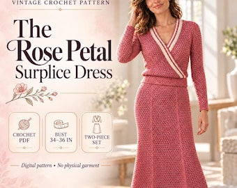 May include: A digital crochet pattern for The Rose Petal Surplice Dress, a two-piece set. The text indicates a bust size of 34-36 inches. The image shows a long-sleeved, V-neck top and a matching skirt in a dusty rose color with white trim.