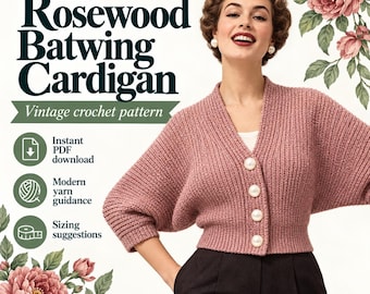 May include: A dusty rose ribbed knit cardigan with batwing sleeves and four large white pearl-style buttons. The text reads The Rosewood Batwing Cardigan, Vintage crochet pattern, Instant PDF download, Modern yarn guidance, Sizing suggestions.
