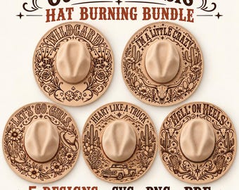 May include: A digital bundle of five hat burning designs featuring tan cowboy hats with intricate brown illustrations including playing cards, cacti, a longhorn skull, cowboy boots, flowers, and a truck, with text reading Country Music Hat Burning Bundle.