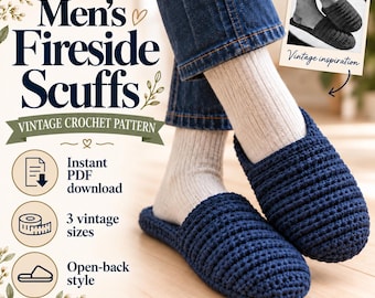 May include: A crochet pattern for slippers titled Men's Fireside Scuffs. The image features dark blue, open-back, ribbed crochet slippers worn with light-colored socks and blue jeans. Text includes Instant PDF download and 3 vintage sizes.