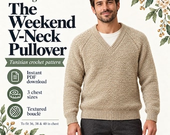 V Neck Sweater Tunisian Crochet Pattern PDF, Vintage Weekend Pullover with Knitted Ribbing, 36–40 Inch Chest