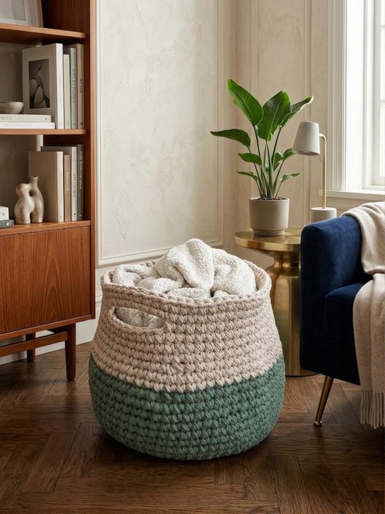 May include: A round, chunky knit storage basket featuring a two-tone design with a light beige upper section and a dark sage green lower section. The basket has two integrated side handles and is filled with a soft, white, textured fabric throw.