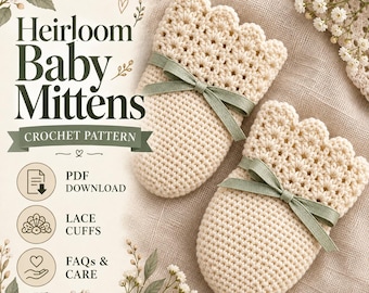 May include: A pair of cream-colored crochet baby mittens featuring a delicate lace cuff design and a sage green ribbon tied in a bow. The text on the image reads Heirloom Baby Mittens, Crochet Pattern, PDF Download, Lace Cuffs, and FAQs & Care.