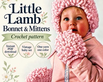 May include: A crochet pattern for a Little Lamb Bonnet & Mittens set. The text reads Little Lamb Bonnet & Mittens Crochet pattern, Instant PDF download, Vintage baby set, One yarn one color. The image features a pink textured bonnet and mittens.