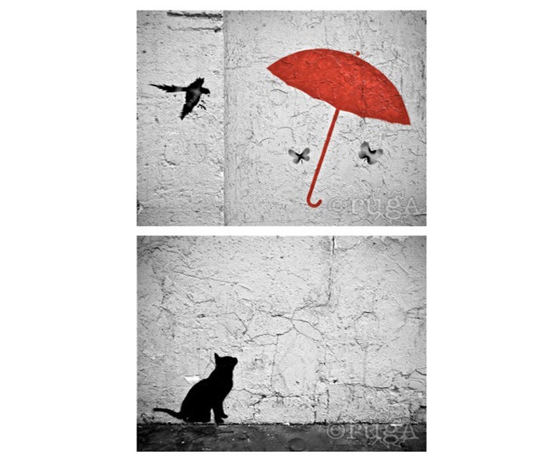 two photo prints; set - Travel Photography Urban Street Art: Paris France Umbrella Cat Graffiti Banksy style Black White Red Stencil