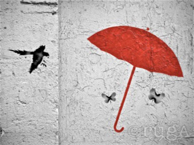 two photo prints; set - Travel Photography Urban Street Art: Paris France Umbrella Cat Graffiti Banksy style Black White Red Stencil