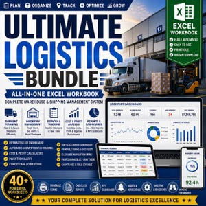 Puede incluir: Un paquete de gestión logística Ultimate Logistics Bundle en formato Excel, con un camión blanco, un almacén y pantallas de panel de control logístico. El gráfico incluye texto, iconos y gráficos sobre planificación de envíos e inventario.
