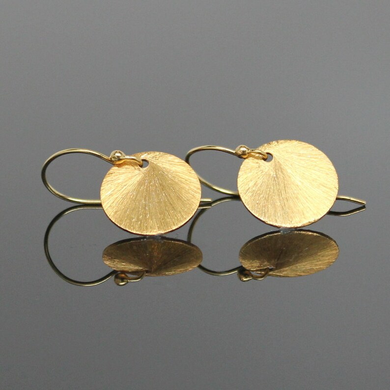 Gold DISC Earrings Vermeil, Brushed Round Earrings, Sun Drop Earrings. image 3