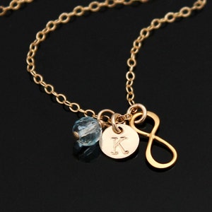 INFINITY Initial Necklace, Personalized Necklace, Small Initial Disc Necklace, Birthstone Necklace, 24K Vermeil and 14KGold Filled.