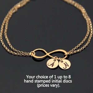 May include: Gold-colored double-strand bracelet featuring an infinity symbol and two circular charms with the letters "A" and "N". The bracelet has a delicate chain design. Text on the image reads: "Your choice of 1 up to 8 hand stamped initial discs (prices vary)."
