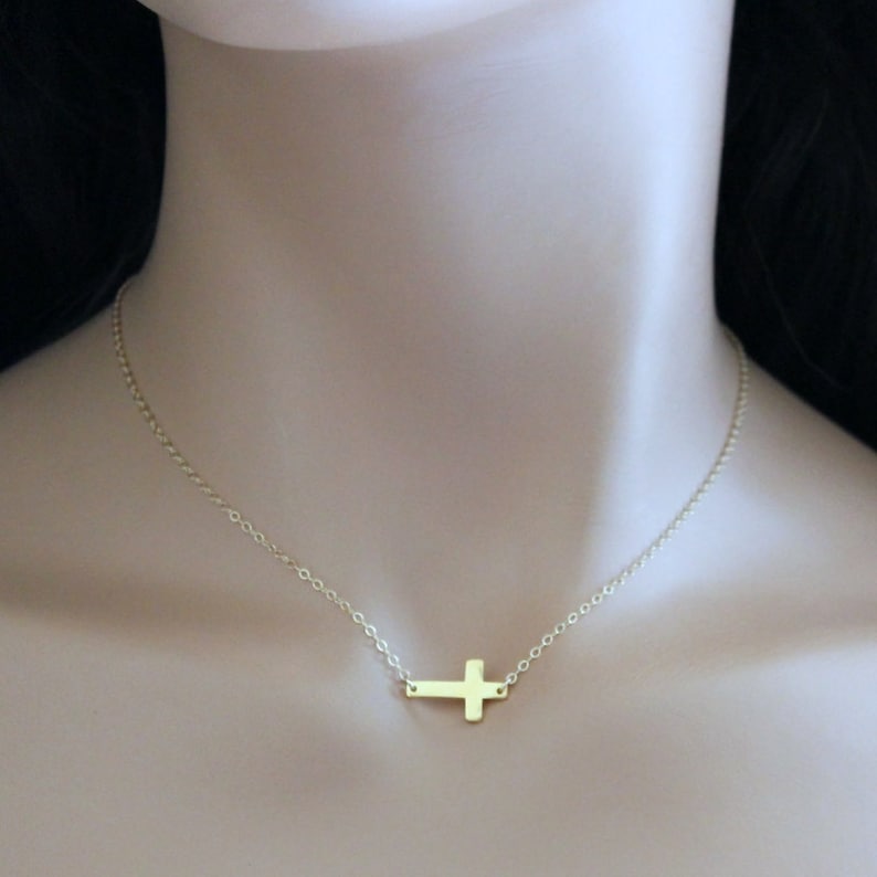 Sideways Cross Pendant Necklace - Rose Gold Stainless Steel 16+2 Inch Chain, Faith Religious Jewelry