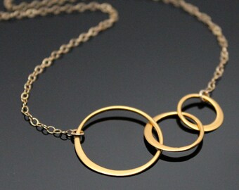 Gold CIRCLE Necklace, Three Interlocking Circle Necklace, Past Present Future, Three Circles, Minimalist Necklace, Gold Filled and Vermeil.