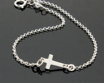 Sideways Cross Bracelet - STERLING SILVER, Religious Bracelet, Gift for Baptism, Cross Bracelet, Show your Faith.