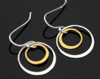 Double CIRCLE Earrings, Sterling Silver and Gold Vermeil, Two Tone Circle Earrings, Eternity Earrings.