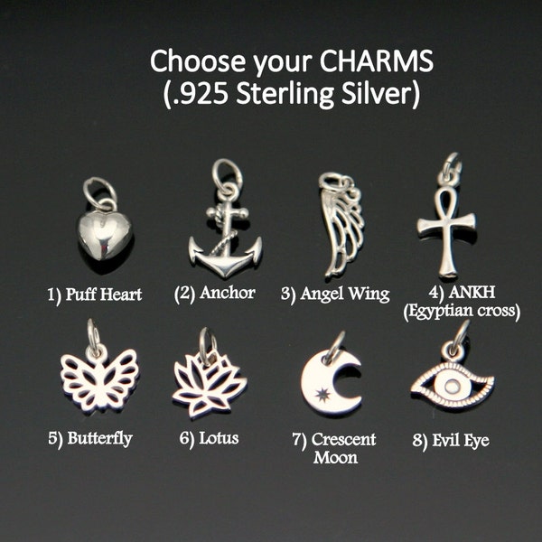 ADD a Small Charm - STERLING SILVER, Choose your Charms, Heart, Anchor, Angel Wing, Ankh, Butterfly, Lotus, Crescent Moon, Evil Eye.