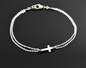 Sideways Cross Bracelet - STERLING SILVER, Small Cross Bracelet, Dainty Cross Bracelet, Silver Cross Bracelet, Religious Bracelet.