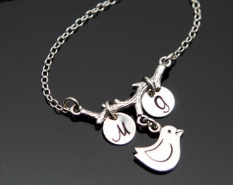 Bird Initial Necklace, Mama Bird Necklace, Family Tree Necklace, Personalized Mother's Necklace, Bird on a Branch.