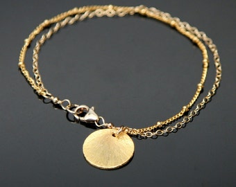 Gold Disc Bracelet, Layering Bracelet, Gold Brushed Disc Bracelet, Double Strand Bracelet, Gold Filled and Vermeil.