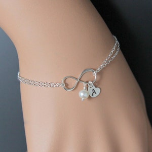 Sterling Silver Infinity Bracelet, Infinity Initial Bracelet, Heart Bracelet, Birthstone Charm, Sterling Silver, Fast Present and Future.