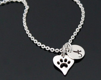 STERLING SILVER Pawprint Necklace, Pet Lover Necklace, Pet Initial Necklace, Dog Sympathy Gift, Cat Sympathy Gift, Heart Pawprint Necklace