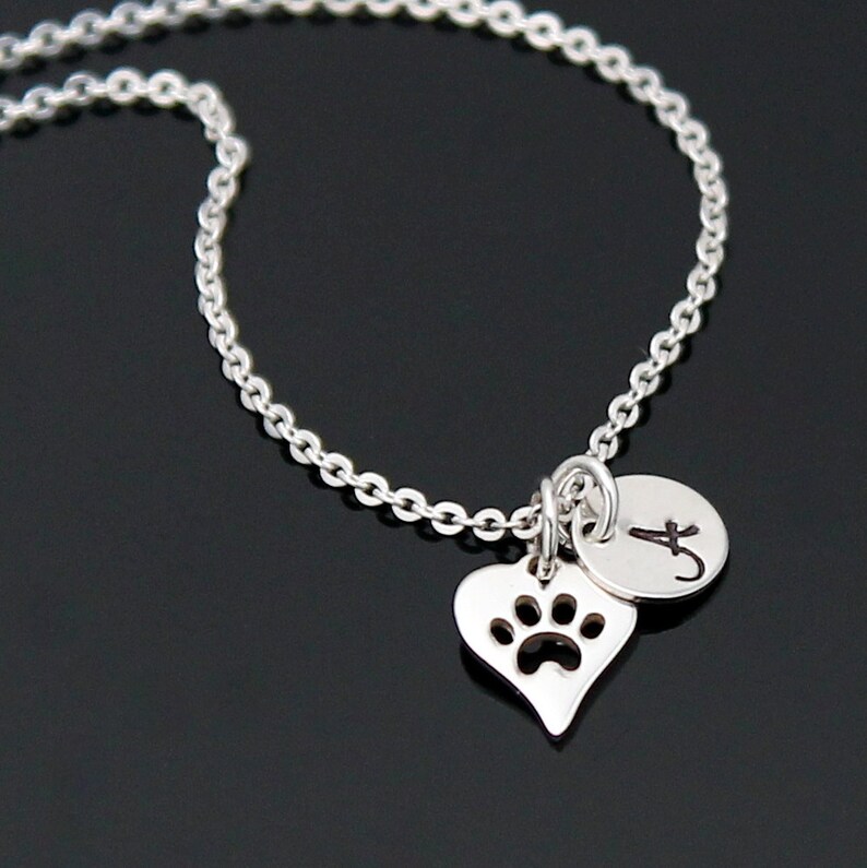 Sterling Silver Dog Paw Necklace Dog Initial Necklace Heart Etsy