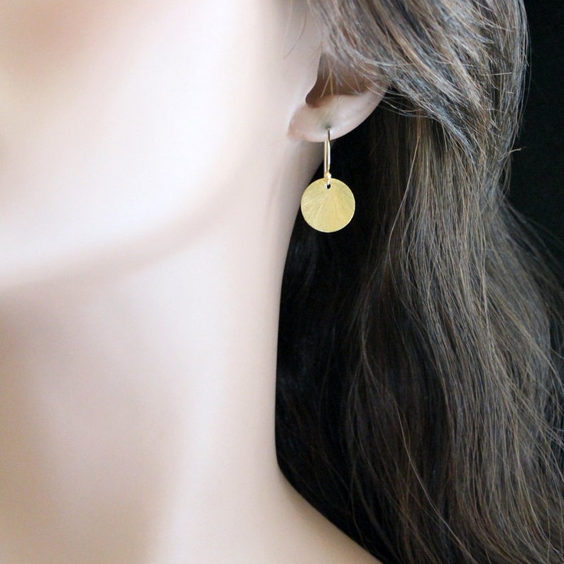 Gold DISC Earrings Vermeil, Brushed Round Earrings, Sun Drop Earrings. image 2