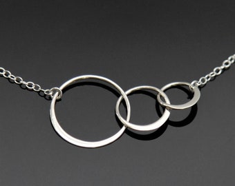 THREE Circle Necklace - Sterling Silver,  ETERNITY Circle Necklace, Interlocking Circle Necklace, Past Present Future.