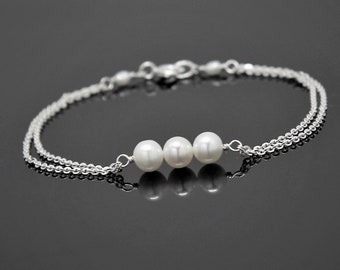 Freshwater PEARL Bracelet-STERLING SILVER, Three Pearls Bracelet, Past Present and Future, Bridesmaids Pearl Bracelet, Love Pearl Bracelet.