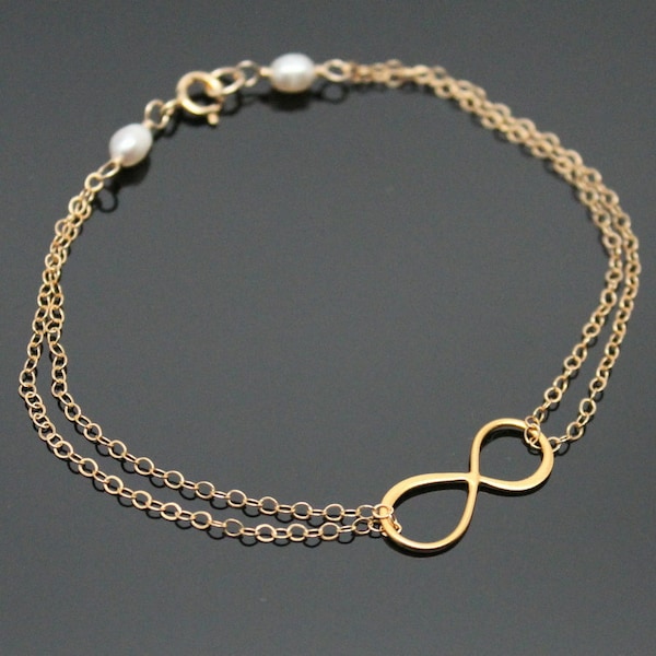Gold INFINITY Bracelet, Gold Filled and Vermeil, Infinity Bracelet with Pearl Bracelet.