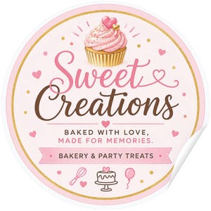 May include: A round sticker with a light pink background and a gold glitter border. It features a cupcake illustration, the text "Sweet Creations", "BAKED WITH LOVE, MADE FOR MEMORIES.", and "BAKERY & PARTY TREATS", along with small heart, whisk, cake, and balloon icons.