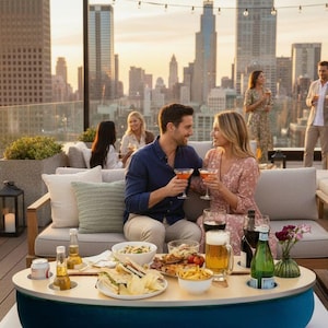 May include: A round, blue-upholstered outdoor coffee table with a light-colored top featuring built-in beverage holders. The table is set with plates of food, glasses of beer, wine, and cocktails, positioned on a rooftop terrace with city views.