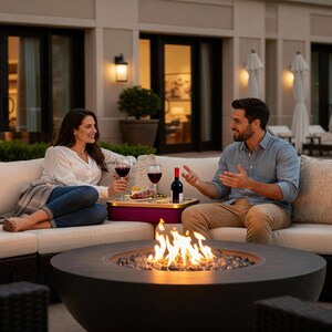 May include: A dark brown wicker sectional sofa with cream cushions and beige throw pillows arranged around a circular black fire pit with glowing flames. A small table holds a bottle of red wine, two glasses of wine, and a plate of food.