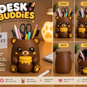 May include: A brown bear-shaped desk organizer holding various pens, pencils, and scissors. The bear features large black eyes, yellow ear accents, and holds a yellow honey pot. The product is labeled Desk Buddies and shown from front, side, back, and top views.