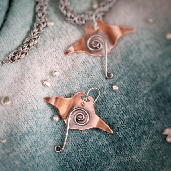 Copper and Silver stingray earrings, Manta, Sixgill,  Devil and Eagle Ray